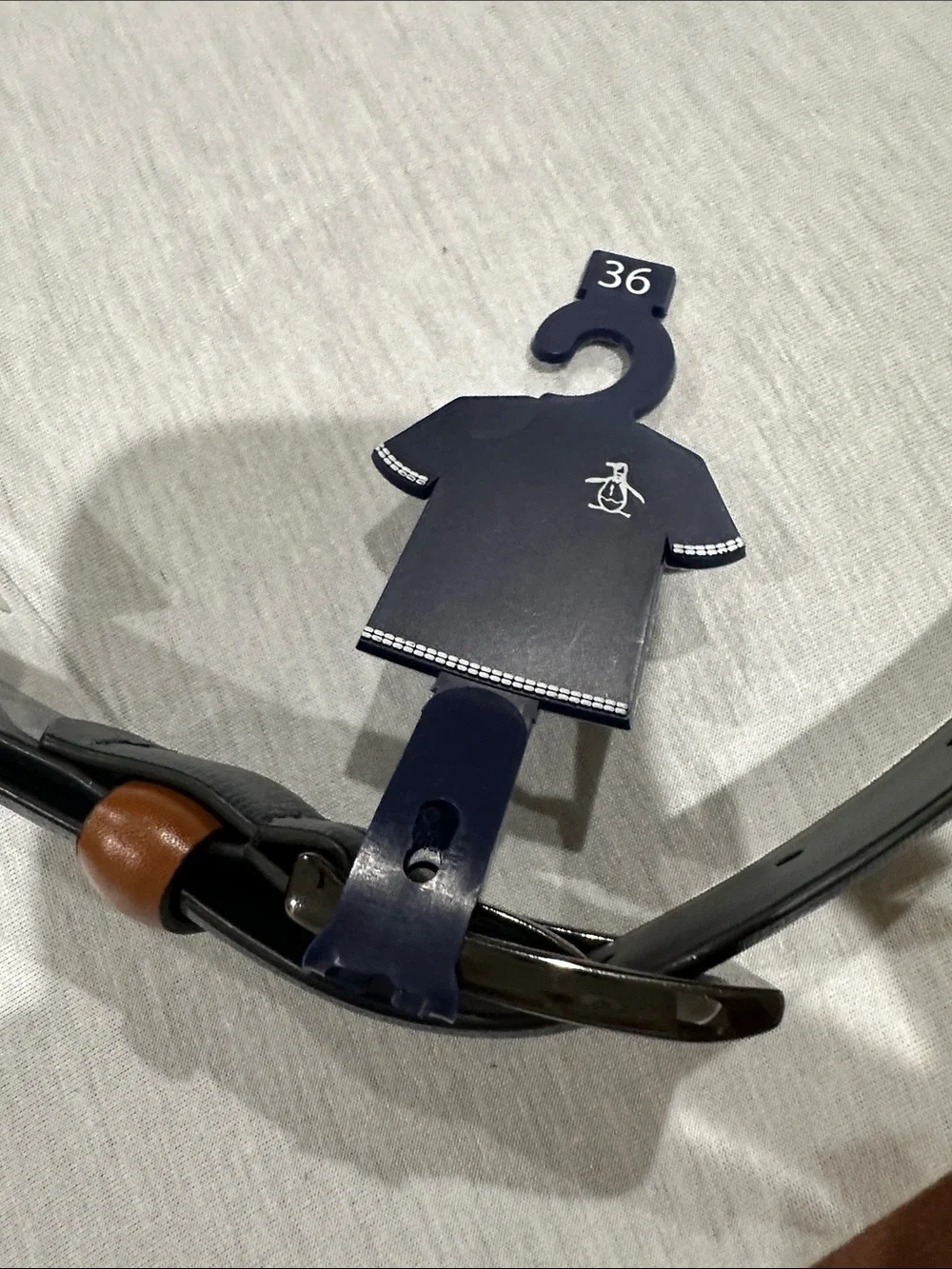 Original Penguin and Men's Navy Leather Belt with Brown Loop - Size 36, (New)